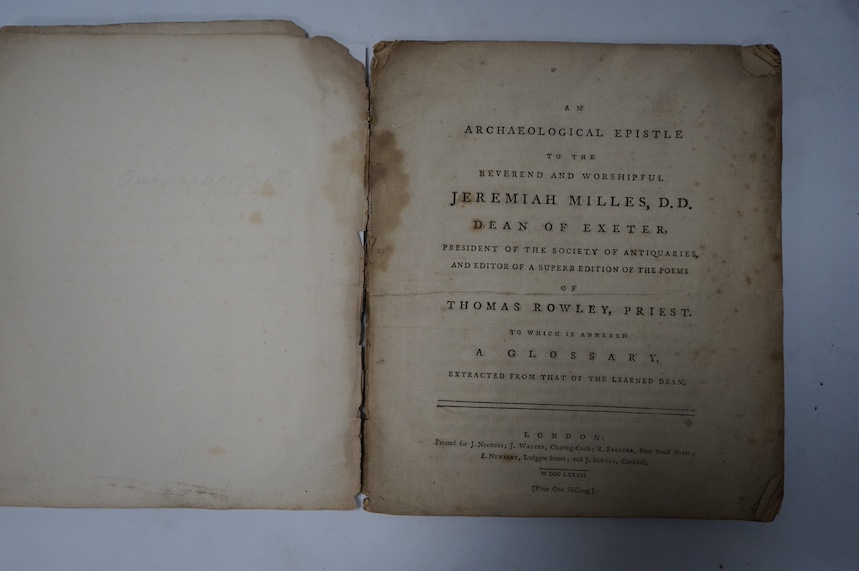 Mason, William - An archaeological epistle to the Reverend and Worshipful Jeremiah Milles, D. D. Dean of Exeter, President of the Society of Antiquaries, and editor of a superb edition of the poems of Thomas Rowley, prie